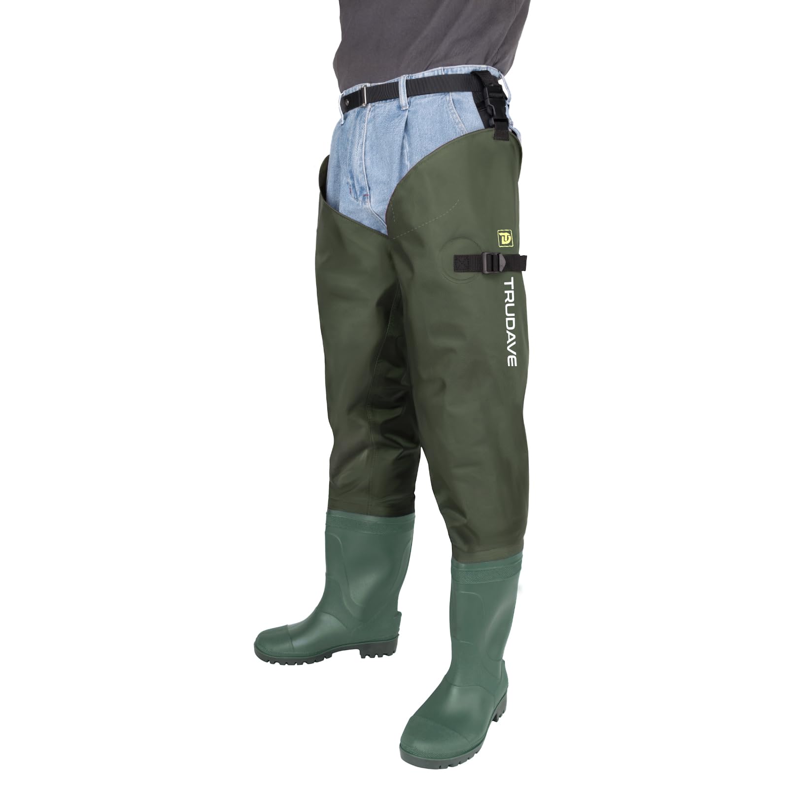 alt="Model wearing Trudave StreamFlex Series green hip waterproof waders with boots showing ergonomic fit, durable waterproof construction, and integrated boot design for fishing and outdoor activities"